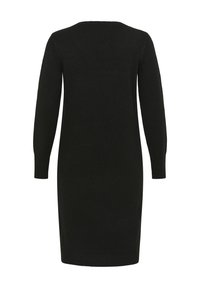 Schwarzes Strickkleid mit langen Ärmeln, einem runden Ausschnitt und einer figurbetonten Silhouette. Das Material wirkt weich mit einer glatten Textur.