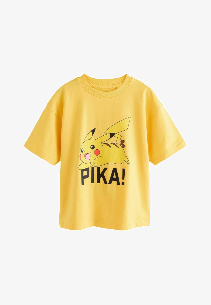 Gul bomulds T-shirt med et grafik af Pikachu med sorte accenter og teksten "PIKA!" trykt i fed sort skrift under designet.