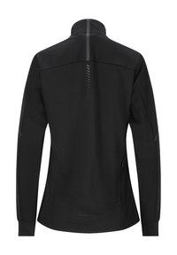 Svart långärmad jacka med hög krage, reflexaccent och en dragkedje-ficka bak. Slät, lättviktsmaterial med en figursydd design.