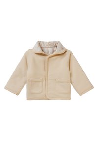 Beige kinderjasje met lange mouwen, twee vo pockets, een zachte kraag en een gevoerd binnenwerk met een patroon in lichtbeige en perziktinten.