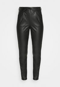 Svarta läderbyxor med en figursydd passform, med dragsko i midjan och subtila veck för extra detaljer. Slät textur genom hela byxorna.