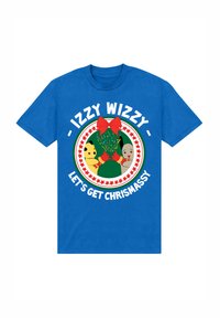 Modré bavlněné tričko s kulatým grafickým vzorem, obsahující zelený vánoční motiv, dvě postavy a bílý nápis "IZZY WIZZY POJĎME NA VÁNOCE".