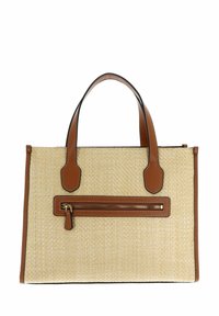 Sac fourre-tout en paille tissée beige avec des accents en cuir marron, double anses et une poche zippée à l'avant. Texture lisse avec une forme structurée.