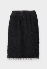 Czarna rozkloszowana spódnica z elastycznym paskiem w talii i regulowanym sznurkiem. Miękka w dotyku, o długości do kolan i pełnym kroju.