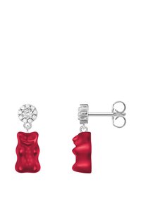 Rote Ohrringe in Form von Gummibärchen mit funkelndem Kristallstecker. Silberfarbene Beschläge mit polierter Oberfläche; verspieltes und einzigartiges Design.