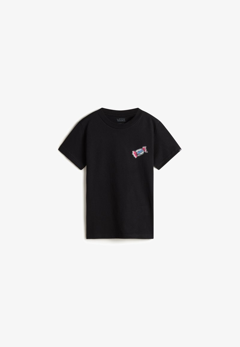 Black cotton t-shirt with short sleeves, round neckline, and a colorful candy-themed Vans logo on the left chest.