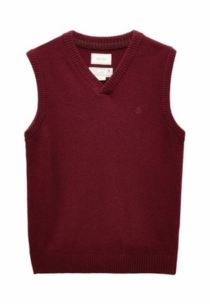 Burgunderfarbener ärmelloser Pullover mit V-Ausschnitt, geripptem Halsausschnitt und Saum, gefertigt aus einem wollreichen Stoff mit glatter Textur.