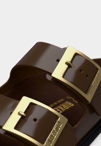 Καφέ λουριά σανδαλιών με μεγάλες χρυσές ορθογώνιες αγκράφες που φέρουν χαραγμένο το "BIRKENSTOCK" σε απλό φόντο.