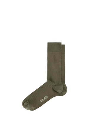 Par de calcetines acanalados de color verde oliva con el logo "Scalpers" impreso cerca de la zona de los dedos, mostrados extendidos sobre un fondo blanco.