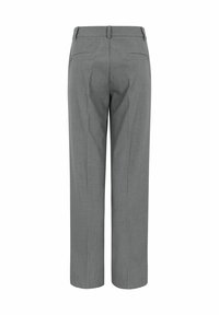 Grau maßgeschneiderte Hose mit geradem Bein, zwei Gesäßtaschen und glatter Textur. Keine sichtbaren Muster oder Verzierungen.