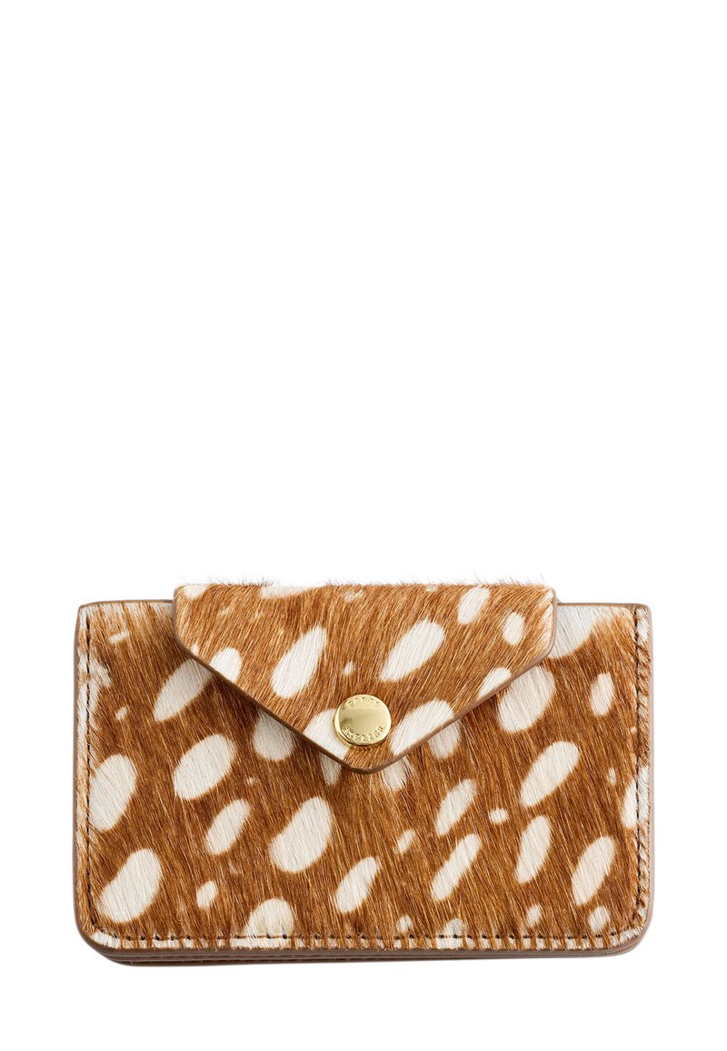 Brown and white spotted wallet made of textured fur, featuring a gold snap closure and an envelope style flap design.