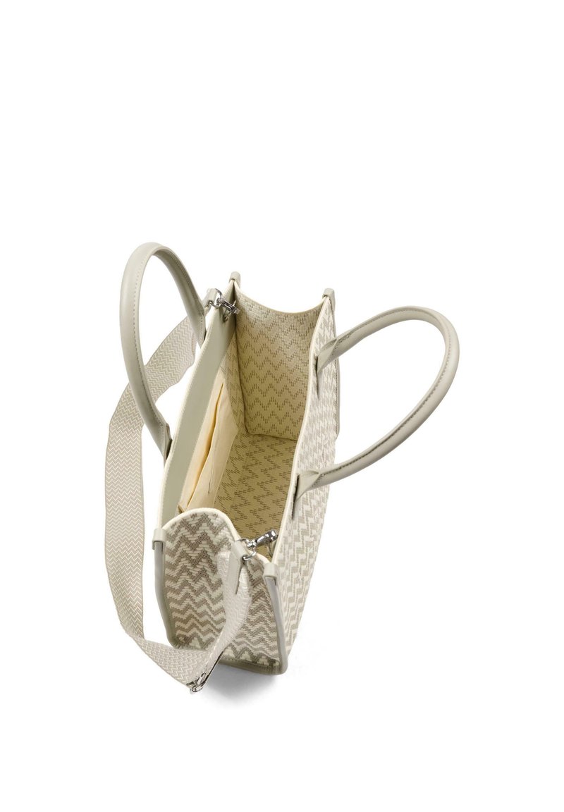 Borsa tote beige con doppi manici e tracolla staccabile, caratterizzata da un motivo a zigzag e un interno aperto e spazioso con una tasca laterale.