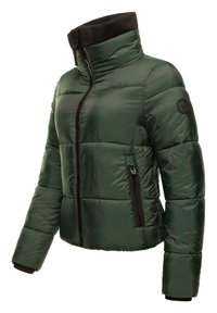 Padded jacket in dark green with a high collar, zip front, and side pockets. Features a smooth texture and black accents on the collar and pocket zippers.
