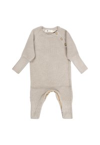 Beige knitted baby romper with long sleeves and three wood buttons on one shoulder, ribbed cuffs and ankle openings.