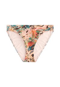 Dół od bikini do pływania z kolorowym abstrakcyjnym wzorem w odcieniach różu, niebieskiego i zieleni; gładka tkanina z bezszwowymi krawędziami.