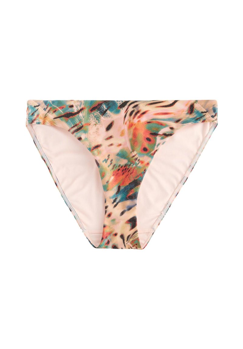 Dół od bikini do pływania z kolorowym abstrakcyjnym wzorem w odcieniach różu, niebieskiego i zieleni; gładka tkanina z bezszwowymi krawędziami.