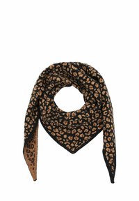 Schal mit schwarzem und braunem Leopardenmuster, dreieckige Form, weiche Textur und kontrastierende einfarbige Kanten. Eignet sich für vielseitige Stylingmöglichkeiten.