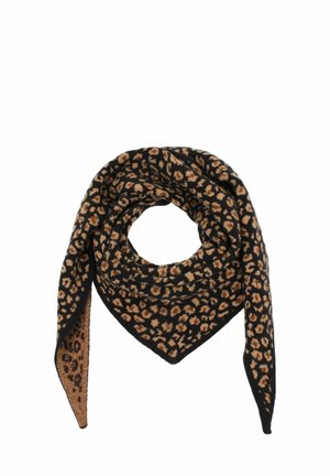 Black and tan leopard print scarf, triangular shape, soft texture, with contrasting solid edges. Suitable for versatile styling.