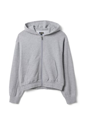 Lichtgrijze hoodie met rits, voorzakken, geribde manchetten, elastische tailleband en aangehechte capuchon, plat neergelegd op een witte achtergrond.