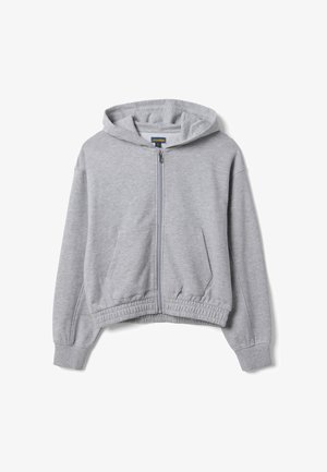 Hellgrauer Kapuzenpullover mit durchgehendem Reißverschluss, Fronttaschen, gerippten Bündchen, elastischem Bund und angenähter Kapuze, flach auf weißem Hintergrund liegend.