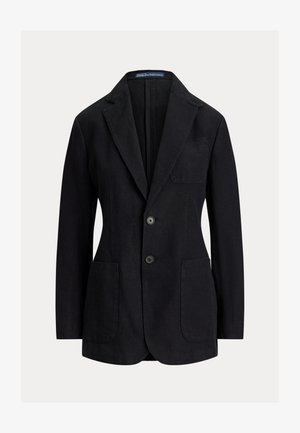 Černé sako se dvěma knoflíky a vykrojenými klopami, se třemi náprsními kapsami a dlouhými rukávy, střih uzpůsobený pro štíhlý vzhled.