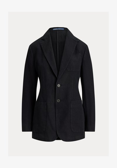 Crni dvodijelni sako s klasičnim reverima, tri džepa na zakrpu i dugim rukavima, krojen za uski kroj.