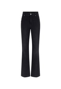 Black denim flared jeans featuring a high waist, five-pocket design, and metallic button accents on the sides. Smooth texture and classic fit.