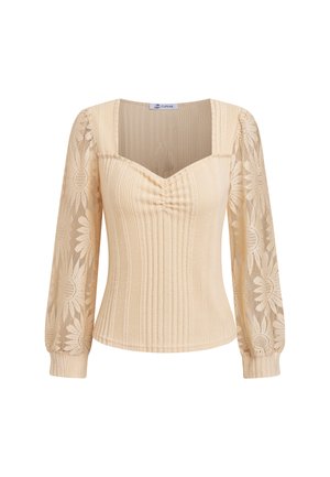 Top beige de manga larga con costillas, mangas abullonadas de encaje floral transparente y escote cuadrado con detalle fruncido en el centro delantero.