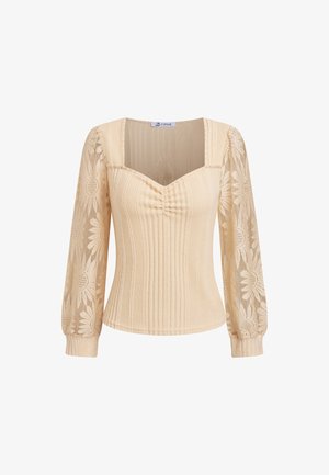 Top beige de manga larga con costillas, mangas abullonadas de encaje floral transparente y escote cuadrado con detalle fruncido en el centro delantero.