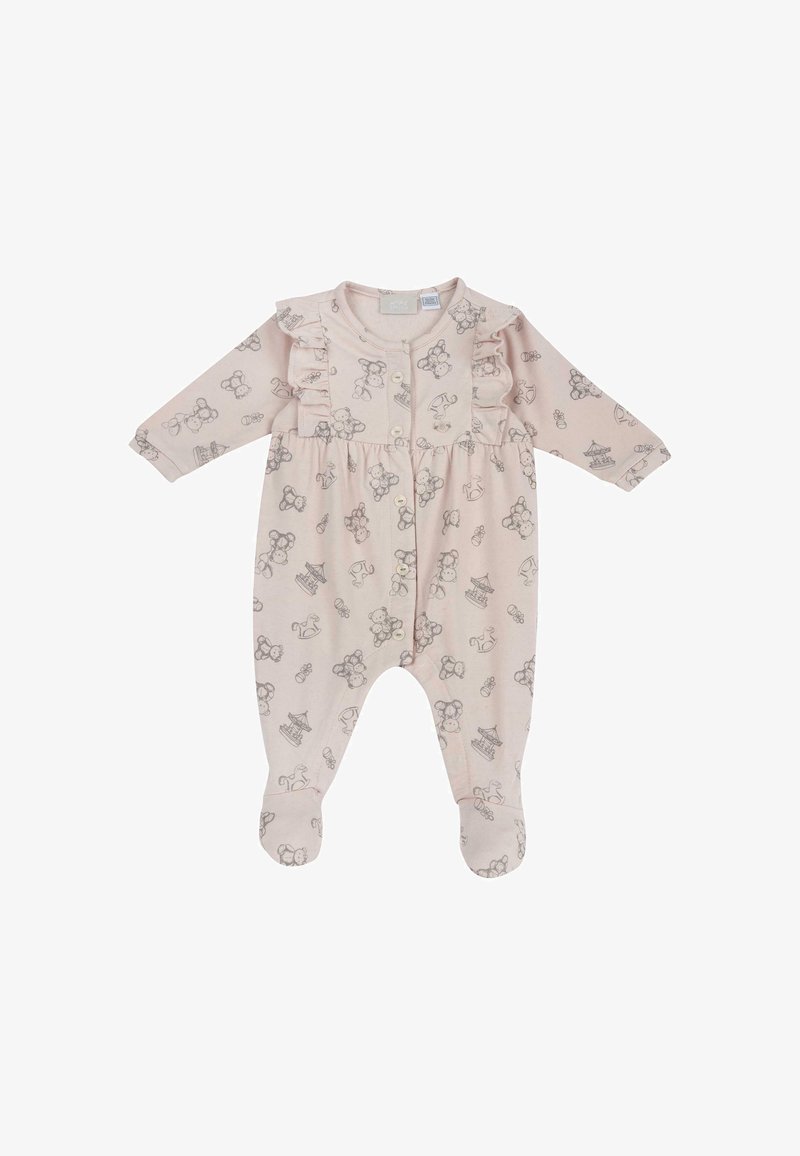 Grenouillère bébé rose clair à manches longues, jambes avec pieds, détails à volants sur la poitrine et imprimé ours en peluche et jouets partout.