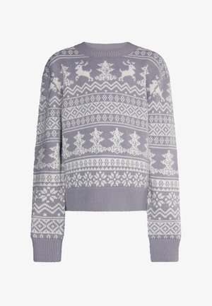 Világos levendula színű kötött pulóver fehér rénszarvasokkal, hópelyhekkel és geometriai mintákkal; környakú és bordázott szegéllyel rendelkezik.