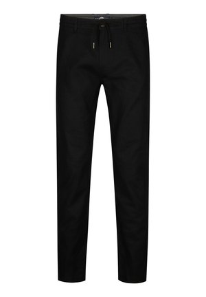 Schwarze Slim-Fit-Hose mit Vordertaschen und Kordelzugbund, auf weißem Hintergrund dargestellt.