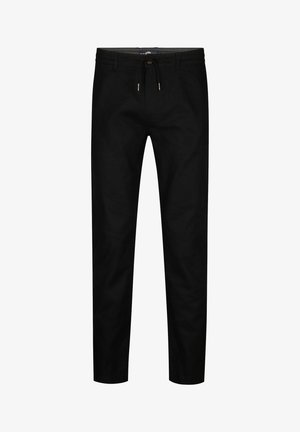 Black slim-fit pants with front pockets and a drawstring waist, displayed on a white background.