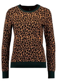 Pull en imprimé léopard de couleur marron clair et noir, avec un col rond en ribbed vert et des poignets et un ourlet en ribbed. Tissu en maille texturé.