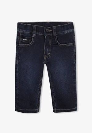 Donkerblauwe peuterjeans met knoop aan de voorkant, riemlussen en zakken, voorzien van een klein BOSS-logo op de rechtervoorzak.