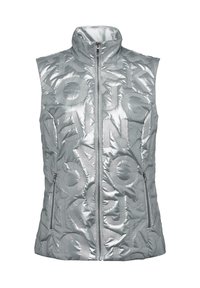 Gilet rembourré sans manches en argent avec col montant, fermeture éclair et deux poches latérales. Présente des motifs géométriques en relief et une finition brillante.