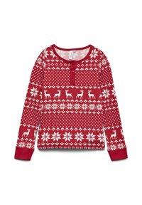 Czerwona koszula henley z długim rękawem z białymi wzorami śnieżynek i reniferów w poziomych rzędach oraz czerwonymi mankietami.