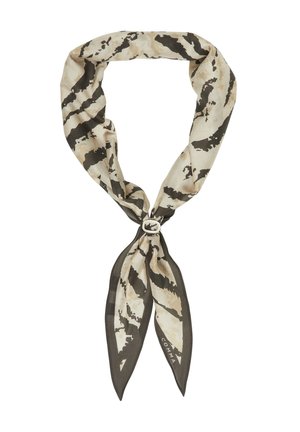 Sciarpa beige e marrone con motivo, con un anello d’argento, legata a cappio, con il nome del marchio "COMMA" su un’estremità.