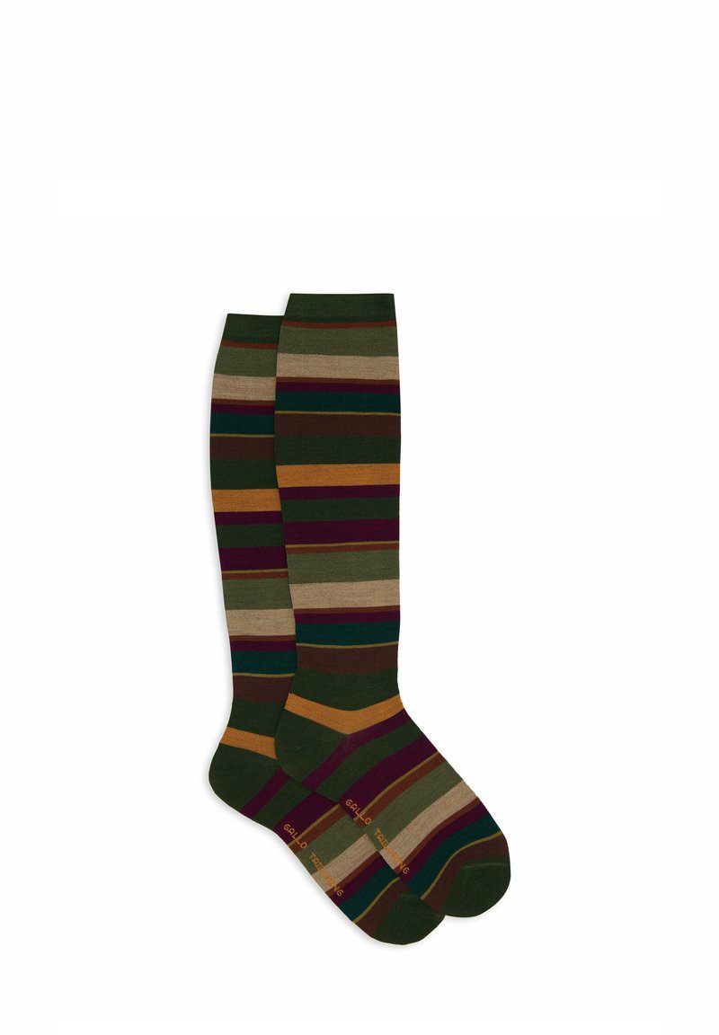 Knee-high socks featuring a multicolored striped pattern in green, brown, yellow, and burgundy. Material is soft, with a ribbed texture.