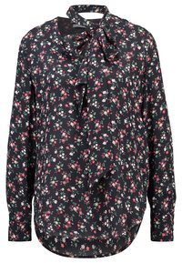 Blusa floreale in tessuto nero, con colletto a fiocco, maniche lunghe e orlo curvo. Piccole fiori multicolori si spargono sul materiale.