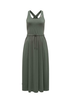Mouwloze donkergroene midi-jurk met gekruiste bandjes, elastische tailleband, trekkoord en drie kleine knoopjes op de borst.