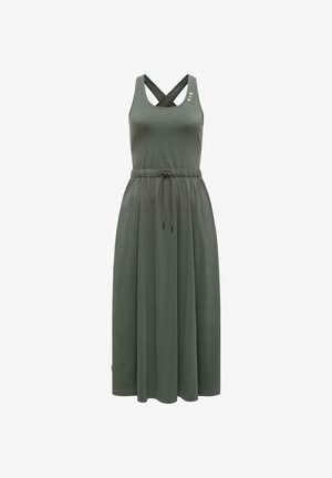 Sukienka midi bez rękawów w ciemnozielonym kolorze, z krzyżowanymi ramiączkami, elastycznym pasem, troczkiem i trzema małymi guzikami na piersi.