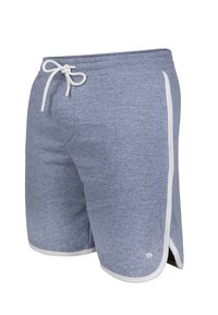 Pantalones cortos deportivos grises hechos de una tela suave con una cinturilla ajustable, con adornos laterales blancos y un pequeño logo en el dobladillo.