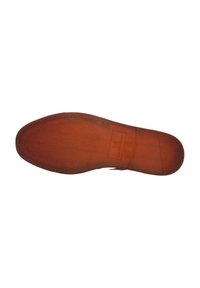 Bruine rubberen schoenzool met een gestructureerd oppervlak en duidelijke looppatronen. Bevat een rechthoekige logo-afdruk nabij de hak.