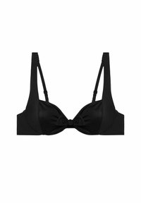Reggiseno nero con tessuto liscio, spalline larghe, dettaglio a fiocco al centro e design strutturato con ferretto per supporto.