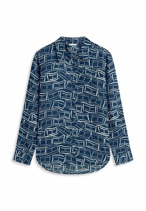 Marineblaues Hemd mit langen Ärmeln und Knöpfen, weißes abstraktes rechteckiges Muster und Kragen, flach auf weißem Hintergrund präsentiert.