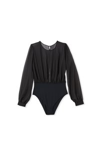Bodysuit negro con mangas largas transparentes, cuello redondo y parte inferior ajustada negra. Presenta un cierre en la espalda con forma de ojal y una cintura fruncida.