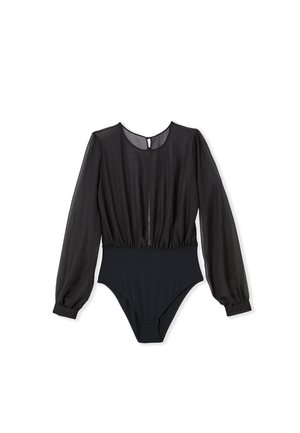 Bodysuit noir avec des manches longues transparentes, un col rond et un bas noir ajusté. Il présente une fermeture à clé au dos et une taille froncée.