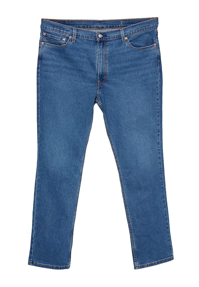 Blauwe denim jeans met een rechte snit, voorzien van een klassieke vijf-pocketstijl, contrasterende stiksels en een metalen knoopsluiting bij de taille.