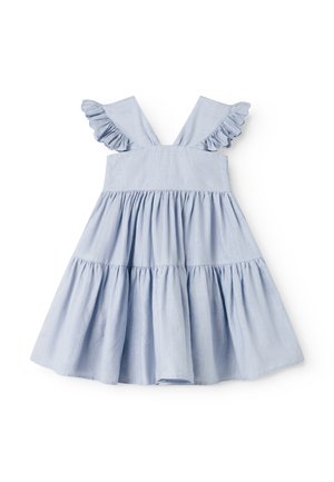 Lyseblå ærmeløs kjole til småbørn med flæsekanter på stropperne og et lagdelt, rynket skørt.